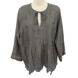Johnny Was Vintage Women Medium Gray Embroidered Silk Keyhole Blouse Shirt Top